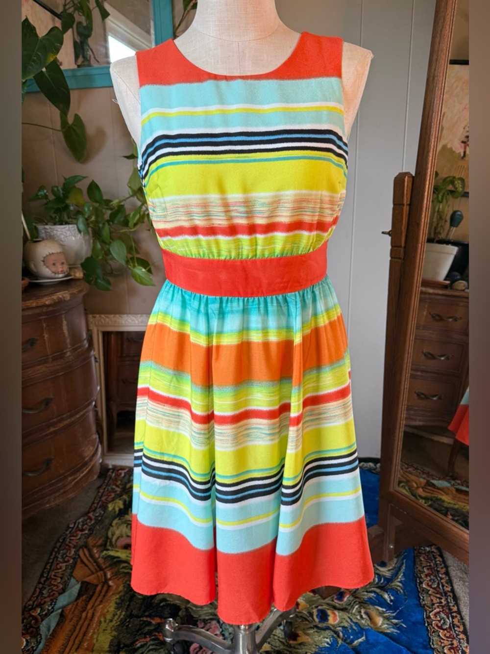 J. TAYLOR ORANGE BLUE YELLOW PASTEL STRIPED SLEEVELESS SUMMER DRESS SIZE 6